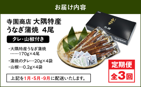 2485 【 定期 3回 】大隅特産 うなぎ蒲焼 4尾（680g）【 国産 】 KN060-T09 魚 冷凍 鰻 定期便