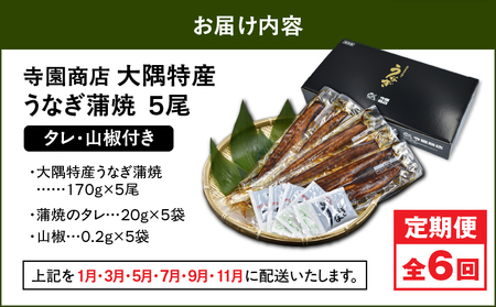 2489 【 定期 6回 】大隅特産 うなぎ蒲焼 5尾（850g）【 国産 】 KN060-T13 魚 冷凍 鰻 定期便