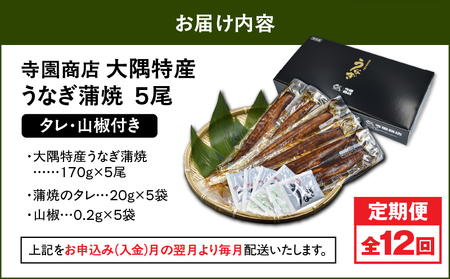2490 【 定期 12回 】大隅特産 うなぎ蒲焼 5尾（850g）【 国産 】 KN060-T14 魚 冷凍 鰻 定期便