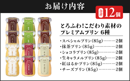 2496 【 6年連続 金賞 】とろふわ！こだわり素材の プレミアムプリン 6種 合計 12個 KN021-023-02 プリン デザート スイーツ 菓子 お菓子 スペシャルプリン 抹茶プリン ショコラプリン チーズプリン 紅はるか芋プリン 生キャラメルプリン 詰め合わせ バニラ カラメルソース チョコレート クリームチーズ 鹿児島県産紅はるか 紅はるか 甘い あまい ご褒美 財宝 ふるさと納税 鹿児島 鹿屋市 おすすめ ランキング プレゼント ギフト