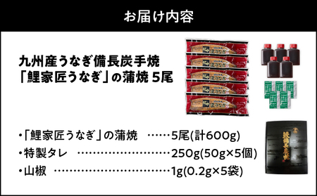 2900 九州産 卵うなぎ 備長炭手焼鯉家匠うなぎの蒲焼5尾（600g） KN029-005-04 鰻 ウナギ たれ付 真空パック 湯煎 レンジ 国産 うな丼 うな重 ひつまぶし うなぎ 大隅うなぎ販売  ふるさと納税 鹿児島 鹿屋市 おすすめ ランキング プレゼント ギフト