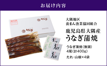 【期間限定】 鹿児島県 大隅産 うなぎ 蒲焼 4尾(400g) KN007-023 国産