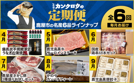 【 全6回 】 鹿屋 カンクロウ便 KN000-T09 うなぎ 鰻 蒲焼 牛 黒毛和牛 黒牛 サーロイン ステーキ 豚 黒豚 訳あり 大容量 鶏 串 焼き鳥 焼鳥 カンパチ 刺身 魚 餃子 セット 詰合せ 惣菜 定期便 ふるさと納税 鹿児島 鹿屋市 おすすめ ランキング プレゼント ギフト