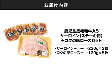 1422 鹿児島 黒毛和牛 A5 サーロイン（ ステーキ用 ）690g ＋ 絶品『 コク の 豚ロース 』650g（ 130g × 5枚 ）セット KN036-006 鹿児島黒毛和牛 和牛 牛 牛肉 惣菜 総菜 豚肉 豚 ぶた ブタ 肉 お肉 最高級 最高級部位 コク 旨味 A5等級 上質 とろける ジューシー 記念日 贅沢 ご馳走 ご褒美 加工食品 加工品 冷凍 真空パック 特製タレ 便利 時短 一人暮らし おかず やわらかい 美味しい おいしい 夕食 肉の専門店もりやま ふるさと納税 鹿屋市 おすすめ ランキング プレゼント ギフト