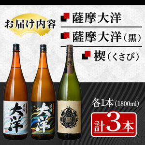 【年内配送12月18日入金まで】【お急ぎ便】 三浦屋オリジナル 薩摩大洋 大洋黒 楔 芋焼酎 25度 1800ml×各１本（計３本） 大海酒造 鹿児島県鹿屋市産 2115