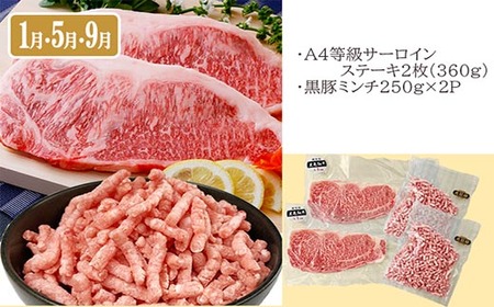 定期便4回配送　お肉とお魚のよくばり定期便　EE0-0001_肉 ステーキ 牛肉 ビーフステーキ  肉 黒毛和牛 牛肉   肉 しゃぶしゃぶ 豚肉 豚しゃぶ  魚介・海産物 カツオ 鮮魚 かつお 鰹  魚介・海産物 マグロ 鮮魚 まぐろ 鮪  定期便 定期便  _【配送不可地域：離島】【1538802】