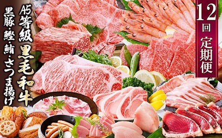 定期便(12回配送)お楽しみ便(A5等級黒毛和牛・黒豚・かつお・まぐろ・さつまあげ等)JJ-6002_肉 お肉 牛肉 サーロイン ステーキ 焼肉 ハンバーグ 切り落とし 豚肉 ロース バラ しゃぶしゃぶ 餃子 鰹_【配送不可地域：離島】【1166755】