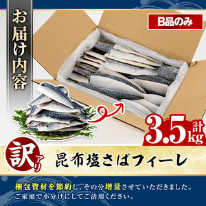 訳あり！昆布塩さばフィーレ(B品のみ3.5kg) 大容量 ボリューム サバ 鯖 フィレ 魚介類 海産物 海鮮 海の幸 おかず おつまみ 惣菜 グリル 焼き魚 煮魚 切り身 昆布 塩サバ 脂 ご家庭用 リピート 【グローバルフーズ】a-15-46-z