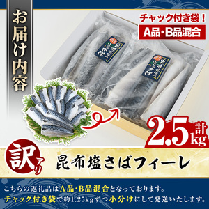 訳あり！昆布塩さばフィーレ(A品B品混合2.5kg) 大容量 ボリューム サバ 鯖 フィレ 魚介類 海産物 海鮮 海の幸 おかず おつまみ 惣菜 グリル 焼き魚 煮魚 切り身 昆布 塩サバ 脂 ご家庭用 リピート 【グローバルフーズ】a-12-343-z