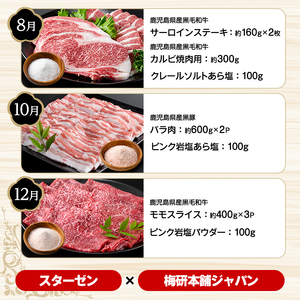 ＜定期便・全6回＞岩塩付き！鹿児島県産黒毛和牛・黒豚定期便 (肉：総量約5.2kg/岩塩：600g) 国産 九州産 鹿児島産 牛肉 国産牛 豚肉 セット サーロイン ステーキ 切り落とし 切落し コラボ ピンク 岩塩 【スターゼン×梅研本舗ジャパン】akn501-04