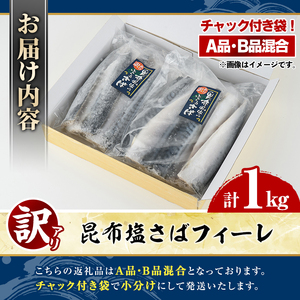 訳あり！昆布塩さばフィーレ(A品B品混合・計1kg) サバ 鯖 おかず おつまみ 惣菜 焼き魚 切り身 昆布 ご家庭用 リピート 【グローバルフーズ】akn061-23