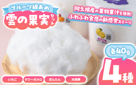 ＜先行予約受付中！2026年3月以降順次発送予定＞フルーツ綿あめ「雲の果実」アソートセット(約40g×4種・Bセット) 国産 阿久根産 わたあめ 綿飴 果汁 果物 いちご サワーポメロ ぼんたん 大将季 おやつ スイーツ 【松永青果】akn053-47
