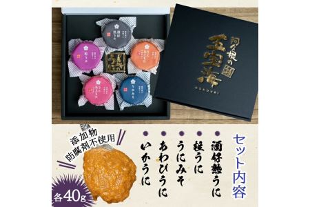鹿児島県産うに使用！人気のうに珍味 阿久根の五宝海(ごほうび)セット(5瓶) ムラサキウニ 酒好熟うに 粒うに うに味噌 あわびうに いかうに 詰め合わせ 食べ比べ 贈答用 ギフト 贈り物 花姫うに おつまみ ウニ 珍味 国産 鹿児島県産【尾塚水産】akn004-18