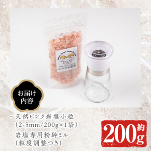 岩塩専用粉砕ミル付き！ピンク岩塩ピンク小粒(約200g)！ヒマラヤ岩塩 ピンク岩塩 岩塩 塩 食塩 調味料 ミネラル 小粒塩 熱中症対策【梅研本舗ジャパン】a-16-31