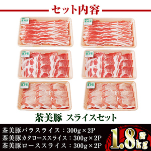 i965 ＜Ｃ-3201＞鹿児島茶美豚スライスセット(バラ・カタロース・ロース各300g×2・計1.8kg)豚肉 チャーミートン 国産 詰め合わせ セット 鹿児島県産 肩ロース ロース スライス バラ バラ肉 しゃぶしゃぶ 生姜焼き 豚汁 料理 おかず【JA鹿児島いずみ】