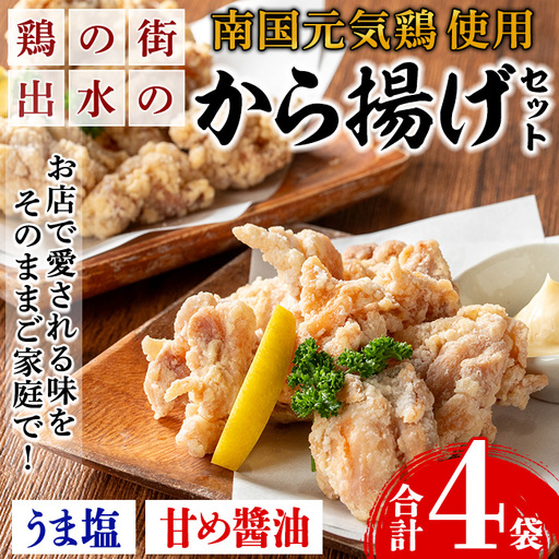 i1074 《毎月数量限定》鹿児島県産 南国元気鶏のから揚げ (計4袋 / うま塩・甘め醤油 各2袋) から揚げ 鶏肉 鶏 唐揚げ からあげ 塩味 醤油味 真空包装 冷凍 おかず 惣菜 国産 【味処 心】