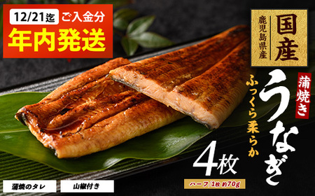 【2025年12月21日までのご入金で年内発送】鹿児島県産 うなぎ蒲焼 じっくり焼きハーフカット約70g×4枚 化粧箱入り 大新 017-1901 うなぎ うなぎ