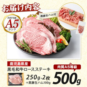 鹿児島産黒毛和牛A5ロースステーキ500g+黒豚生ハム1P 水迫畜産 019-1721 牛肉 牛肉 