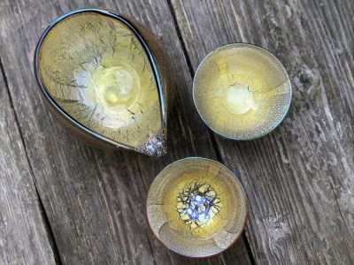 ガラス工芸品】銀彩 飴釉酒器(片口・盃2個)(宮澤ガラス/077-1040