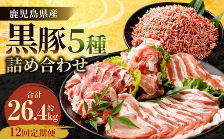 【12ヶ月定期便】鹿児島県産黒豚 5種詰合せ(約2.2kg×12回) 鹿児島 黒豚 豚肉 ロース 肩ロース 切り落とし ミンチ バラ KS-601
