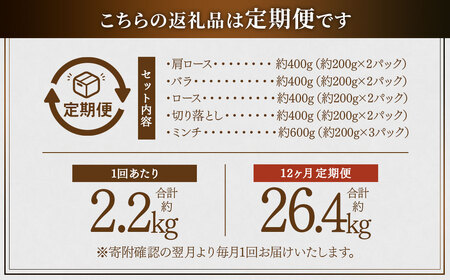 【12ヶ月定期便】鹿児島県産黒豚 5種詰合せ(約2.2kg×12回) 鹿児島 黒豚 豚肉 ロース 肩ロース 切り落とし ミンチ バラ KS-601