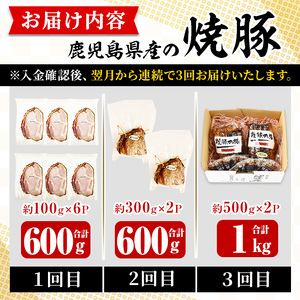No.1206 ＜定期便・全3回＞鹿児島県産焼豚！(総計2.2kg・100g×6P/300g×2P/500g×2P)タレ付き！ 焼豚 定期便 お中元 お歳暮 ギフト 贈答 詰め合わせ 豚肉 タレ 国産 定期便 頒布会 【薩摩ファームブロスト】