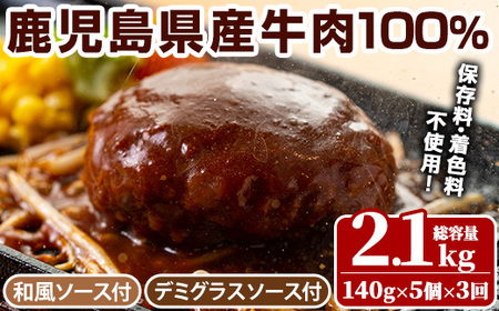 No.1226 ＜定期便・全3回(連続)＞ハンバーグ専門店の牛肉100％ハンバーグ ソース2種付！(140g×5個×3回・総容量2.1kg) 鹿児島県産 お肉 デミグラス 和風 おかず 惣菜 保存料/着色料不使用 冷凍 湯煎 温めるだけ 冷凍ハンバーグ【レストラン プチ・ポア】