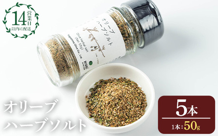 No.1262-E オリーブハーブソルト (50g×5本) オリーブ オリーブ葉 ソルト ハーブソルト 塩 岩塩 セット 詰め合わせ 詰合せ 調味料 箱入り ギフト 贈答 プレゼント 調味料 【鹿児島オリーブ】