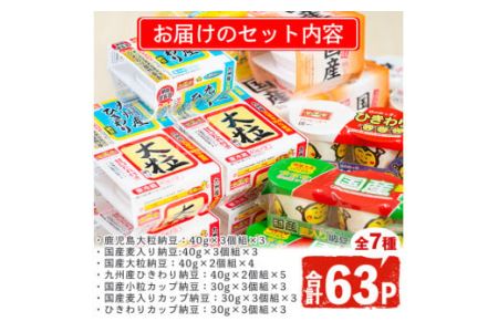 No.395 ふるさと鹿児島の納豆セット(7種・合計63パック) 小粒 大粒 ひきわり 麦入り タレ付 セット【佐藤食品】