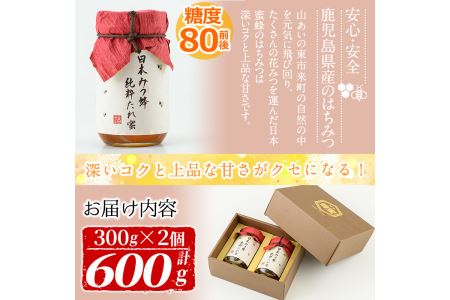 No.613 【国産】鹿児島県産！日本ミツバチの蜂蜜(300g×2本・計600g