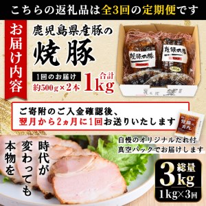 No.876 ＜定期便・全3回(隔月)＞鹿児島県産の焼豚大ブロック(計1kg・約500g×2本×3回)国産 九州産 焼豚 叉焼 チャーシュー ラーメン 具材 お中元 お歳暮 ギフト 贈答 詰め合わせ 豚肉 タレ おかず おつまみ 頒布会 人気【薩摩ファームブロスト】