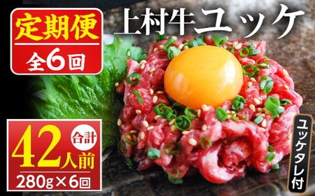 No.955 ＜定期便・全6回(連続)＞自慢の自社ブランド牛「上村牛ユッケ」(42人前・40g×7P×6回)国産 九州産 牛肉 定期便 頒布会 小分け 冷凍 ギフト 贈答【カミチク】