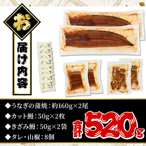 鹿児島県産うなぎ蒲焼3種セット(合計520g・ 長焼き約160g×2尾・カット約50g×2枚・きざみ約50g×2袋) タレ・山椒付き 鰻 ウナギ 国産【西日本養鰻】A508-v01