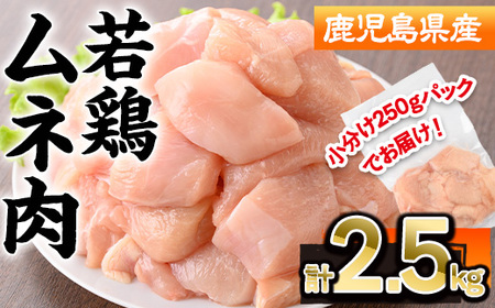 鹿児島県産 若鶏 ムネ肉 切身(計2.5kg・250g×10P)【株式会社羽根】A574