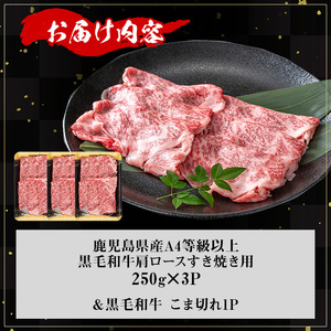 【数量限定】鹿児島県産 黒毛和牛 A4 等級 以上 肩ロース すき焼き用 (計750g＋こま切れ 250g×1P) 牛肉 冷凍 【KNOT】 A809-v01