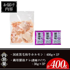 国産 黒毛和牛 ホルモン 計400g(400g×1P) &鍋用醤油タレ(濃縮タイプ:30g×3P) 牛肉 【ナンチク】A993