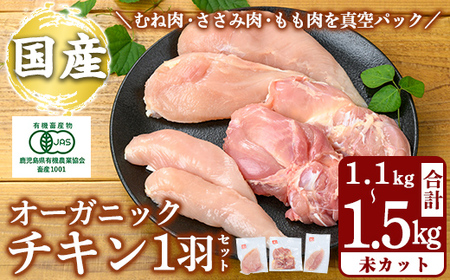 K-598 国産！オーガニックチキン1羽セット 未カット (計1.1kg～1.5kg)【お多福たまご】霧島市 国産 鶏肉 鳥 もも モモ 胸肉 むね ムネ ささみ ササミ オーガニック 有機JAS認定 抗生物質不使用 ワクチン不使用 ワクチンフリー 無投薬飼育 冷凍 小分け