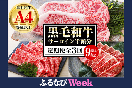 【ふるなびWEEK対象】【3か月定期便】カットを選べる!鹿児島県産 黒毛和牛 サーロイン 半頭分 9kg(3kg×3回) A4等級以上 !ステーキ カット スライス カット 焼肉 カット から選べます! 冷凍 国産 鹿児島県産 黒毛和牛すき焼き しゃぶしゃぶ 焼肉 半頭分 定期便【FNG-001H】
