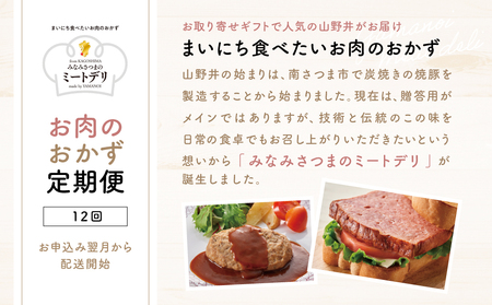 【定期便 全12回】お肉のおかず定期便［みなみさつまのミートデリ］  ハンバーグ 焼き豚 ウインナー ソーセージ ローストポーク ハム ピスタチオ入り フランクフルト 切落し ミートローフ 豚バラ チャーシュー 豚モモ ローストビーフ 鹿児島県産 冷蔵 冷凍 南さつま市