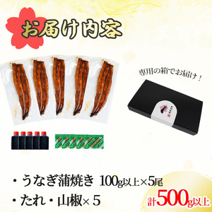 桜林養鰻のうなぎ蒲焼 計500g以上(100g以上×5尾) 鰻 うなぎ ウナギ うなぎ  蒲焼き かばやき 国産 九州産 鹿児島県産 冷凍 真空パック 簡単 うな丼 うな重 ひつまぶし 惣菜 おかず b7-016