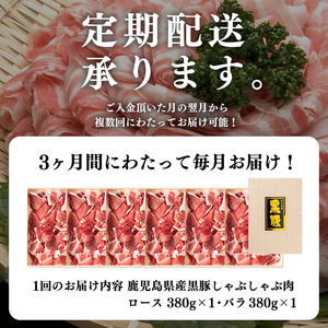 【定期便全3回】鹿児島県産黒豚＜ロース・バラ＞(計2.28kg/380g×2P×3回) 豚 豚肉 ロース バラ 黒豚 しゃぶしゃぶ スライス 薄切り 冷凍 小分け t0045-008