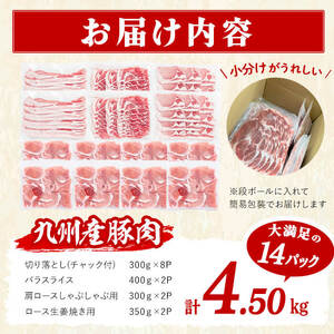 【数量限定】小分け・真空パック!九州産豚肉4種セット＜計4.5kg(計14P)＞豚肉 豚 ロース バラ モモ ウデ 肩ロース バラエティ 詰め合わせ セット 訳あり b5-182-01