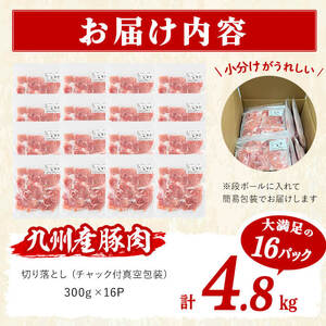 【訳あり・生産者応援企画】九州産 豚切り落とし肉＜計4.8kg(300g×16P)＞ 豚肉 ぶた肉 肉 国産 九州産 切り落とし 切落し 小分け 真空パック チャック付き 野菜炒め 豚丼 カレー b5-183-01