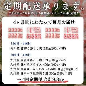 【定期便 全4回】九州産豚肉 生活応援定期便(計9.3kg) 定期便 豚肉 ぶた肉 肉 国産 九州産 切り落とし 切落し 小分け 真空パック チャック付き 野菜炒め 豚丼 カレー t0058-002