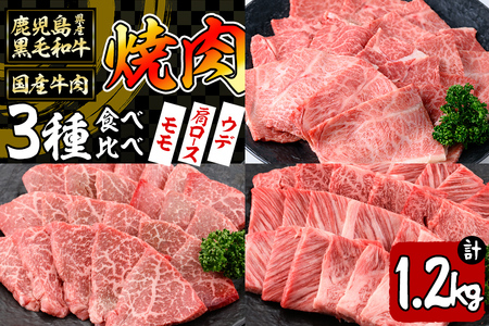 【焼肉3種！食べ比べセット】鹿児島県産黒毛和牛 モモ・肩ロース・ウデの焼肉3種セット＜計1.2kg＞ 牛肉 肉 焼肉 セット 焼肉セット 焼き肉 小分け 食べ比べ 赤身 霜降り やきにく BBQ c0-109