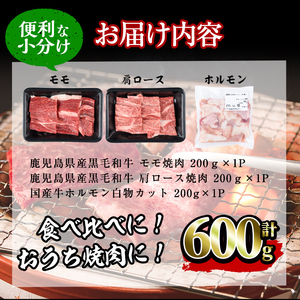 【焼肉3種！食べ比べセット】鹿児島県産黒毛和牛 モモ・肩ロース・国産ホルモンの焼肉3種セット＜計600g＞ 牛肉 肉 焼肉 セット 焼肉セット 焼き肉 小分け 食べ比べ 赤身 霜降り ホルモン やきにく BBQ a4-080