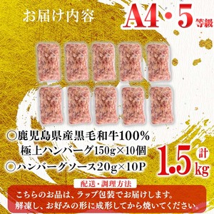 ＜A4・A5等級＞鹿児島県産 黒毛和牛100%使用極上ハンバーグ( 計1.5kg/150g×10個) 黒毛和牛 和牛 ハンバーグ 冷凍ハンバーグ 肉 牛肉 国産 九州産 鹿児島県産 ミンチ 100% 小分け A4 A5 日本一 ランキング 人気 a5-308