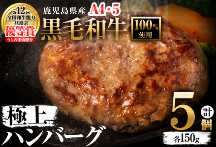 ＜A4・A5等級＞鹿児島県産 黒毛和牛100%使用 極上ハンバーグ(計750g/150g×5個) 黒毛和牛 和牛 ハンバーグ 冷凍ハンバーグ 肉 牛肉 国産 九州産 鹿児島県産 ミンチ 100% 小分け A4 A5 ランキング  a2-086