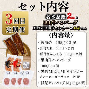 【定期便全３回】志布志を大満喫！食べ比べ福袋 総計４kg超 うなぎ 鰻 蒲焼き 6尾 鹿児島 黒豚 しゃぶしゃぶ 切り落とし ハンバーグ 冷凍 ウインナー 角煮 ちりめんじゃこ しらす 緑茶 紅茶 ウーロン茶 定期便 福袋 t0084-014