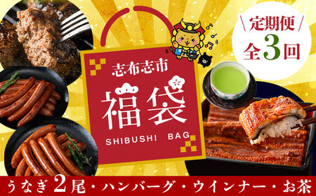 【定期便全３回】志布志市福袋！鰻とお肉のおかず(名水慈鰻2尾＆里山牛ハンバーグ4個＆黒豚MEGUMIウインナー2P＆お茶セット 総計約3kg) うなぎ 鰻 蒲焼き 鹿児島 ハンバーグ 冷凍 ウインナー 黒豚 緑茶 t0084-010